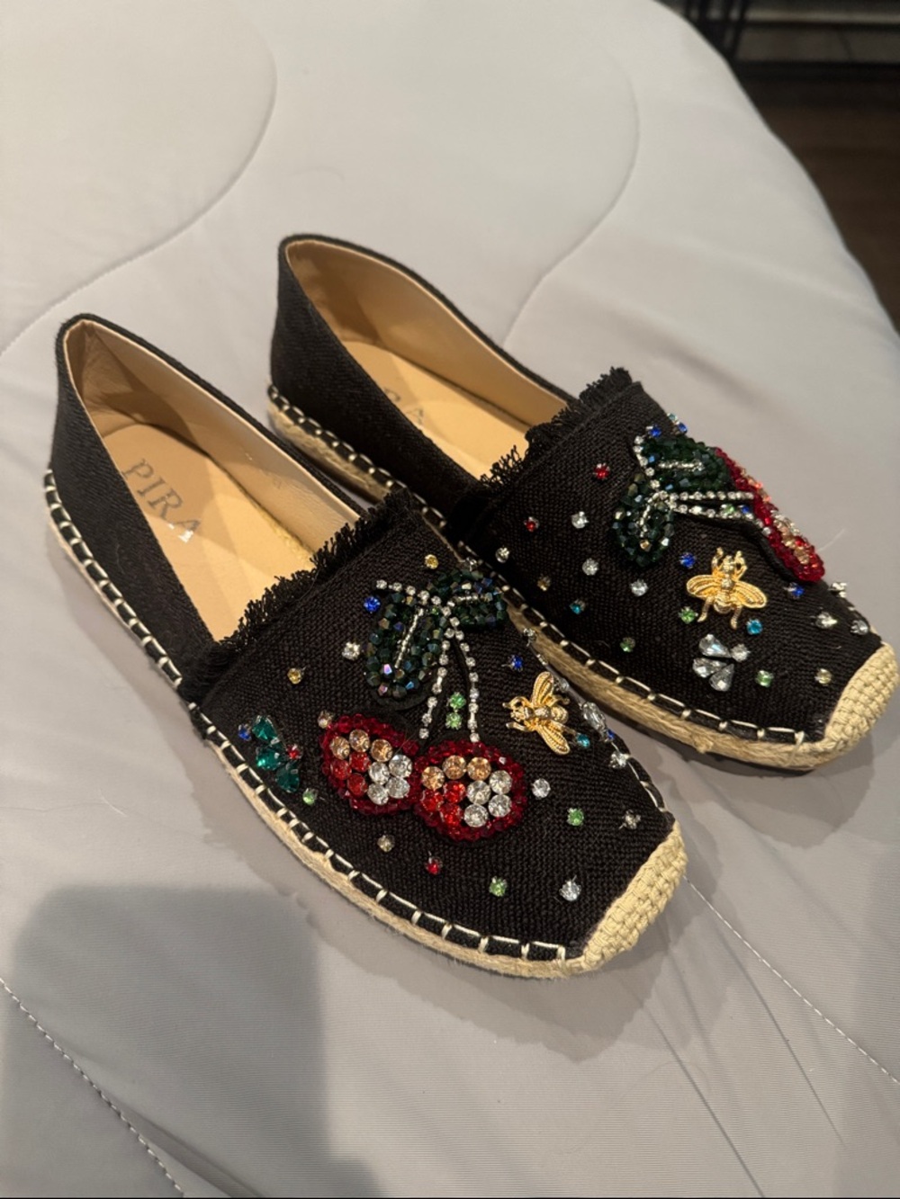NWOB Beaded Black Espadrille Flats with Cherry and Bee Embellishments